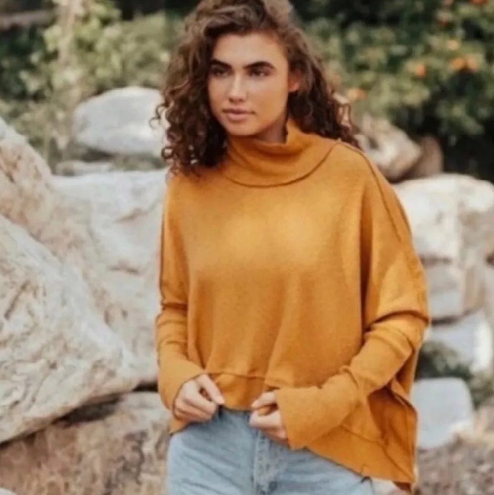NWT Free People Juicy Waffle Knit Top S M Canyon Moon Oversized Cowl 100% cotton